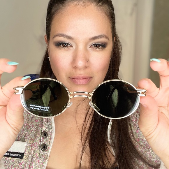 Green lenses gold round frame double bridge nose sunglasses - Picture 6 of 9